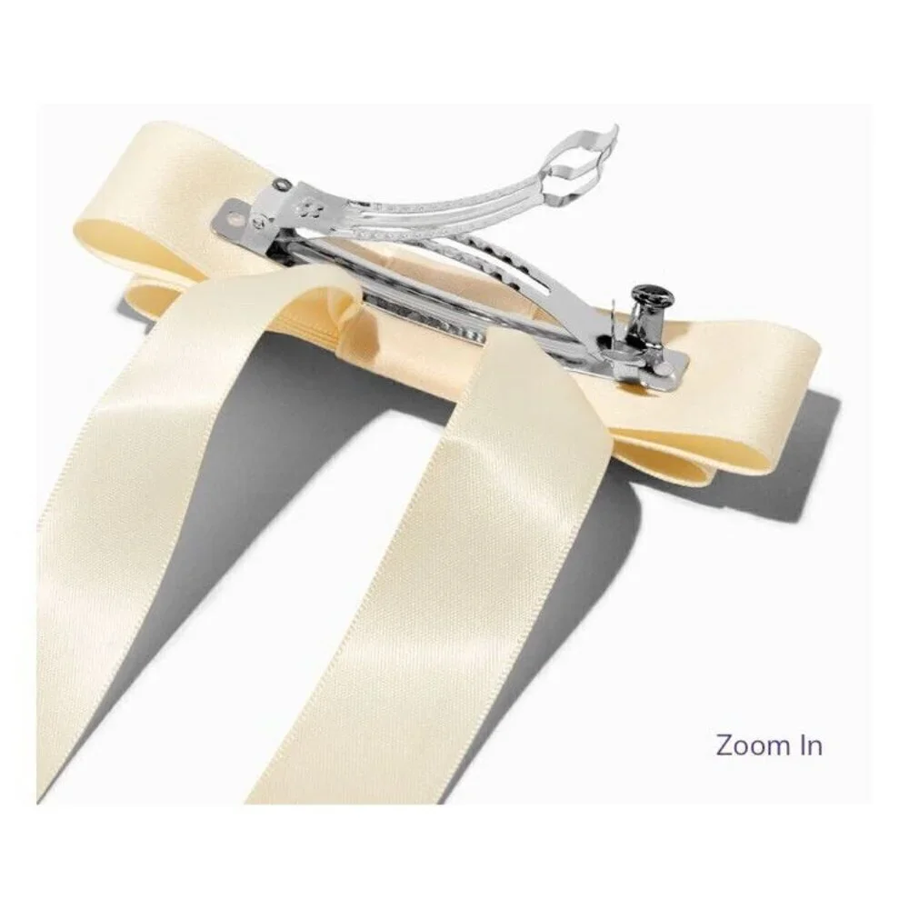 Icing 2 Piece Hair Ivory Rhinestone Studded Satin Long Tail Hair Bow Clip